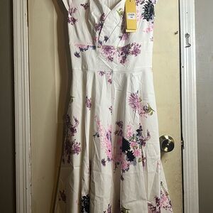 Gown Town White Midi Dress with Pink & Purple Floral Print